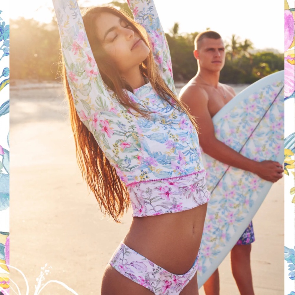 NWT Loveshackfancy act X Hurley hibiscus floral patchwork rashgaurd